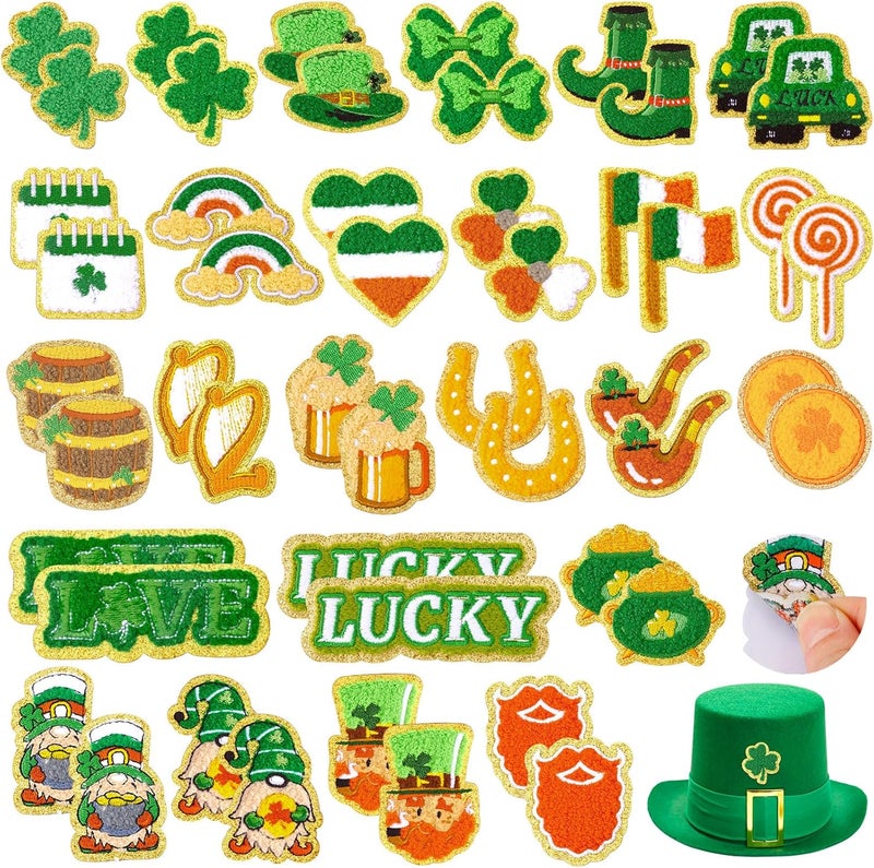FOGWOWO 50 Pcs St. Patrick's Day Patches Self Adhesive Shamrock Patches Stick on Chenille Irish Clover Lucky Stickers Embroidered Lucky Love Rainbow Hat Patch for Backpacks Holiday Decor - Image 1